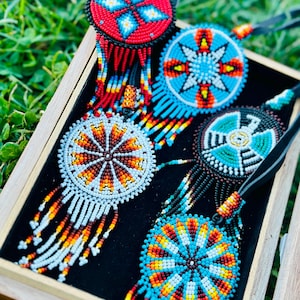 Beaded medallion necklace, Handmade Beaded necklace, multi color bead work, indian jewelry, native leather necklace, unisex beaded choker.