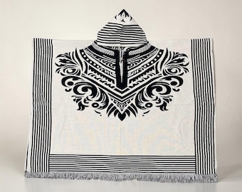 Poncho en alpaga fait main, poncho réversible, poncho à motif géométrique, cape élégante, poncho bohème, poncho à capuche, vêtement amérindien, cape