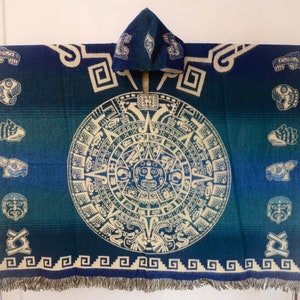 Handmade poncho, Aztec calendar poncho, hooded poncho, unisex poncho, Mayan calendar poncho, boho hippie gaban, wool cape, reversible poncho