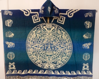 Handmade poncho, Aztec calendar poncho, hooded poncho, unisex poncho, Mayan calendar poncho, boho hippie gaban, wool cape, reversible poncho