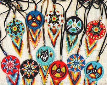 Beaded medallion necklace, Handmade Beaded necklace, multi color native bead work, adjustable leather necklace, unisex beaded choker.