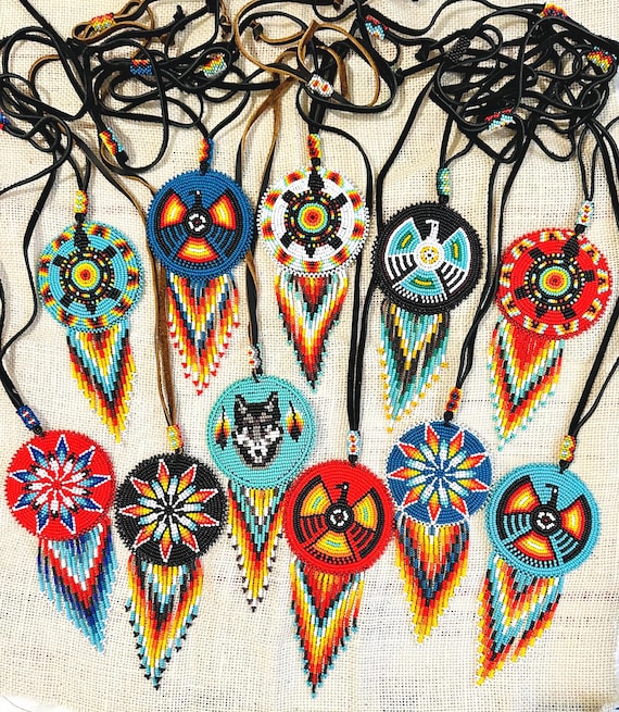 Beaded medallion necklace, Handmade Beaded necklace, multi color native bead work, adjustable leather necklace, unisex beaded choker.