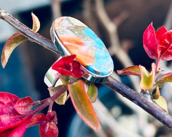 Oyster Turquoise Ring, unique turquoise silver ring, Solid Turquoise Ring, multicolor turquoise ring, Silver Jewelry, Handmade silver ring.