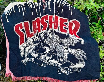 Black Spooky Poncho, Thrasher skater poncho, scary movie characters, warm unisex poncho, Boogieman, Michael Myers, Freddy Krueger, Ghostface