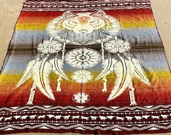 Wolf Dreamcatcher Blanket, Colorful Tribal design, Very Warm and Soft, Shades of Brown, Reversible queen size, Handcrafted by Native hands