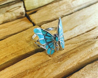 Turquoise butterfly ring, silver butterfly ring, butterfly ring, Statement silver ring, Silver jewelry, turquoise jewelry, native jewelry.