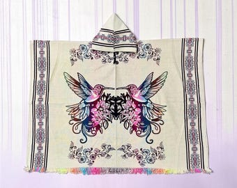 Poncho colibri, laine d'alpaga, chaud et doux, cape réversible colorée, poncho unisexe élégant, fait main, bohème, oiseaux, animaux.
