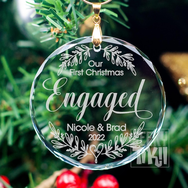 custom engraved, our first christmas, engaged ornament, crystal ornament, engagement ornament, engagement gift, fiancé, fiancée