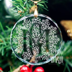 crystal engraved monogram ornament, 2 letter monogram, engagement gift, wedding gift, name ornament, bridal shower gift, christmas ornament