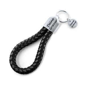 FLOCHTI key ring with engraving made of braided genuine leather and stainless steel elements - black