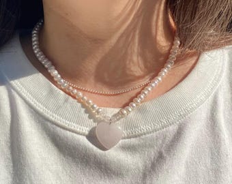 Freshwater Pearl Choker Necklace: Rose Quartz Heart Pendant, Sterling Silver