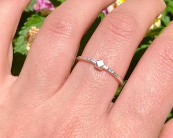 Handcrafted Hammered Silver Fidget Ring with Bold Hexagon Bead – Calming, Minimalist, and Unique