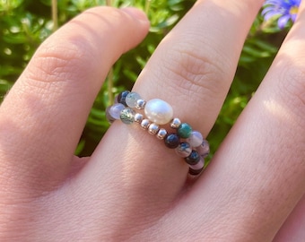Ringset med månsten och mossagat, 925 silverpärlor