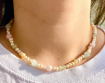Pastel Gemstone Pearl Necklace, Sterling Silver Clasp, Aquamarine, Rose Quartz