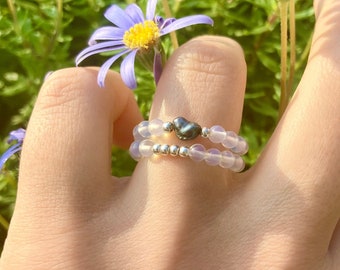 Moonstone & Moss Agate Gemstone Ring Set, 925 Silver Beads