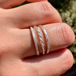 Set of 3 Handmade Stacking Twisted Wire and Textured Silver Rings