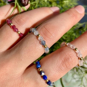 Elastic Anti-Anxiety Ring Made of Natural Faceted Gemstones and Gold Plated Silver Beads