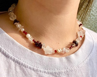 Playful Gemstone Necklaces with Aventurine Stars, Beaded Flowers, Sparkling Quartz Hearts and Contrasting Garnets with Silver Details