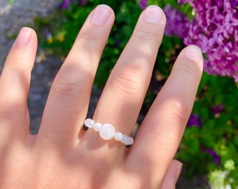 Soothing Elastic Moonstone Anti-Anxiety Fidget Ring Handmade with Natural White Moonstone Gemstone Beads