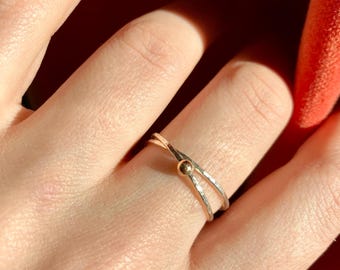 Handmade Silver Anti-Anxiety Ring Made Of Two Joined Thin Rings & Solid 9K Gold Bead