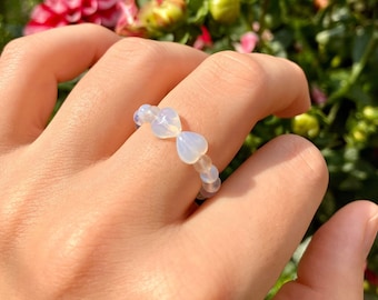 Cute Elastic Anti-Anxiety Ring from Moonstone Opals with Heart Beads