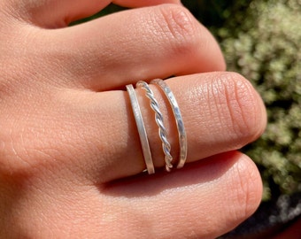 Set of 3 Handmade Stacking Twisted Wire and Textured Silver Rings