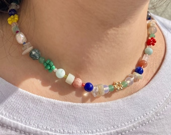 Handmade Maximalist Colorful Gemstone Choker with Gold-Plated Beads, Malachite & Natural Pearls