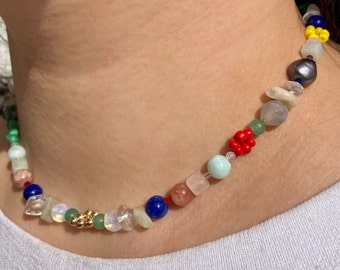 Maximalist Colorful Gemstones Chocker with Gold Pleated Beads, Malachite and Natural Pearls