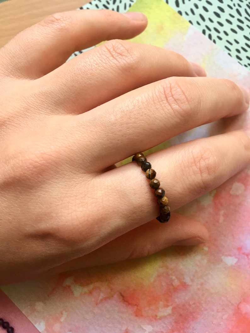 Elastic Anti-Anxiety Ring Made of Natural Faceted Gemstone Beads Tiger's eye