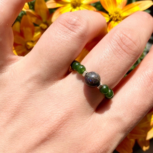 Luxurious Jade and Real Black Opal Elastic Anti-Anxiety Ring with Solid Silver