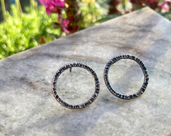 Handmade Patinated and Hammered Silver Circle Earrings