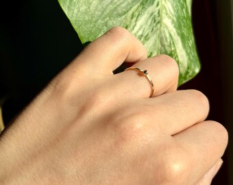 Delicate Real Solid 9K Gold Thin Hammered Handcrafted Ring With A Ball Pebble