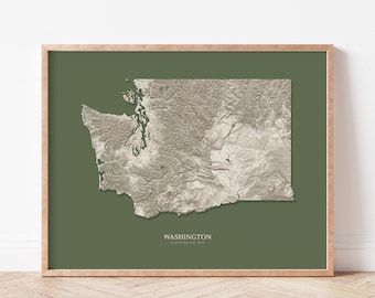 May include: A framed map of Washington state with a topographic relief design. The map is printed on a green background and has the word "WASHINGTON" and "TOPOGRAPHICAL MAP" printed below the state.