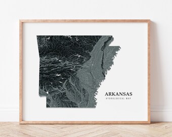 May include: A framed black and white map of Arkansas with the text "Arkansas Hydrological Map" printed below the map.