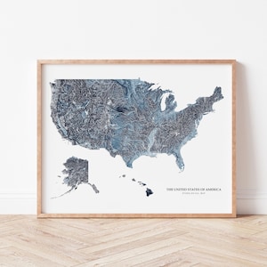 United States Hydrological Map (Blue), Map of US Rivers and Lakes, United States Travel Poster