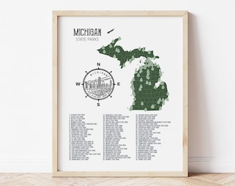 May include: A printable map of Michigan State Parks, featuring a green outline of the state with small tree icons marking the location of each park. The map also includes a compass rose with a stylized image of the Detroit skyline. A list of all the state parks is printed below the map.