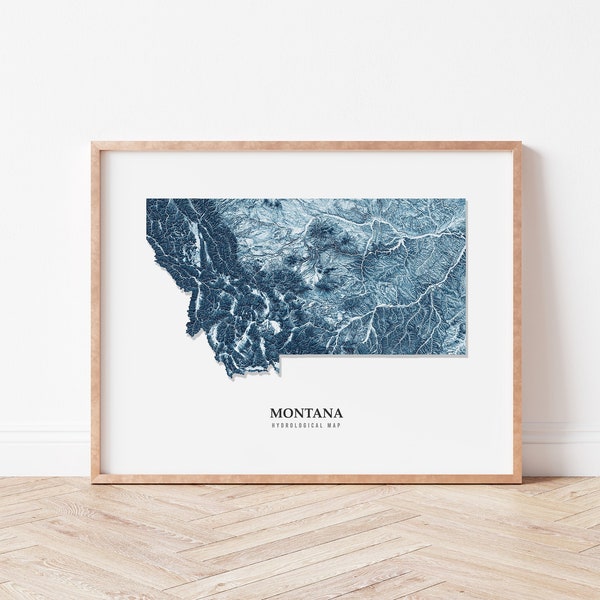 Montana Hydrological Map (Blue), Montana Home Decor Map