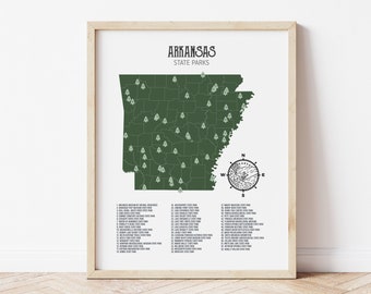 May include: A printable map of Arkansas State Parks. The map is in a green color and shows the outline of the state with small tree icons marking the location of each park. A compass rose is in the lower right corner of the map. A list of all the parks is printed below the map.