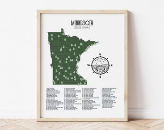 May include: A printable map of Minnesota state parks, showing the outline of the state with green forest icons marking the location of each park. The title "Minnesota State Parks" is at the top of the map. A compass rose with a stylized image of a lake is in the center of the map. A list of all the state parks is printed below the map.