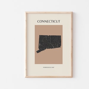 Connecticut Mid Century Modern Hydrological Map, Boho Wall Art, Connecticut State Map Print, Minimalist Connecticut Wall Art and Decor