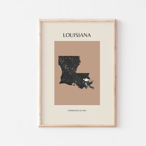 Louisiana Mid Century Modern Hydrological Map, Boho Wall Art, Louisiana State Map Print, Minimalist Louisiana Wall Art and Decor