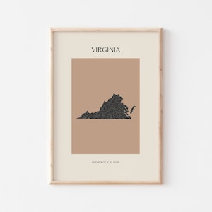 Virginia Mid Century Modern Hydrological Map, Boho Wall Art, Virginia State Map Print, Minimalist Virginia Wall Art and Decor