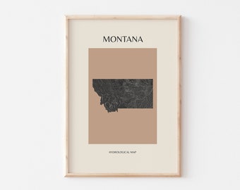 Montana Mid Century Modern Hydrological Map, Boho Wall Art, Montana State Map Print, Minimalist Montana Wall Art and Decor