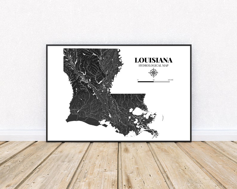 Louisiana Hydrological Map Poster Black