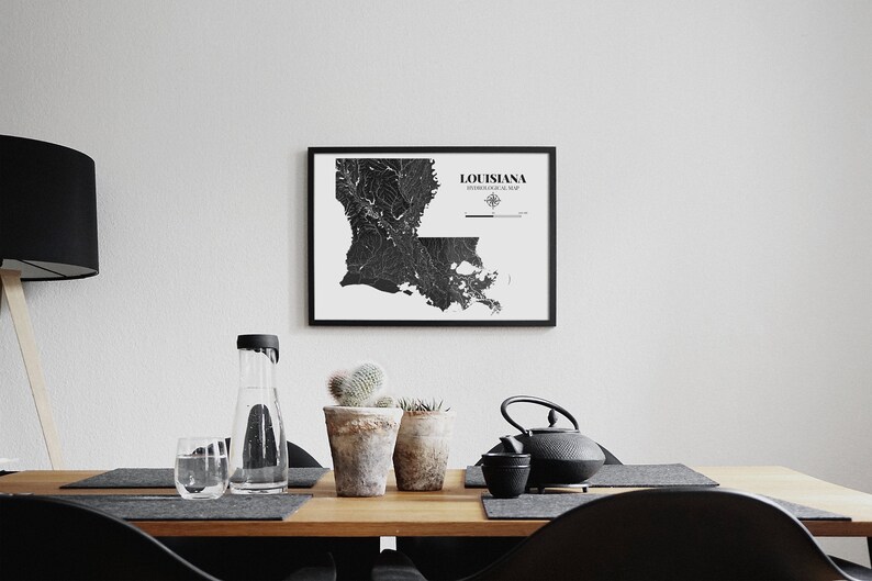 Louisiana Hydrological Map Poster Black