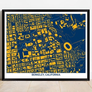 May include: Framed map art print of Berkeley, California, in a navy blue and gold color scheme. The detailed city map shows streets and buildings. The text "BERKELEY, CALIFORNIA" is printed at the bottom of the print.