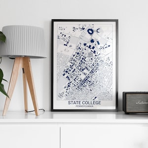 May include: A framed map of State College, Pennsylvania, in blue and white, with a black frame. The map is on a white shelf with a lamp and a speaker.