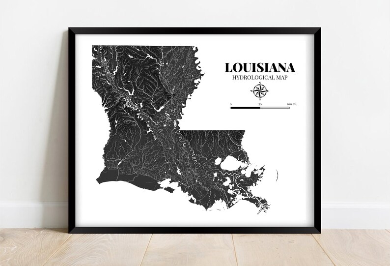Louisiana Hydrological Map Poster Black