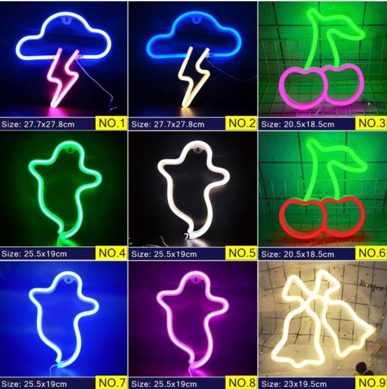 May include: A collection of neon light signs in various shapes, including a cloud with lightning, cherries, a ghost, and bells. The signs are in different colors, with sizes ranging from 20.5x18.5cm to 27.7x27.8cm.