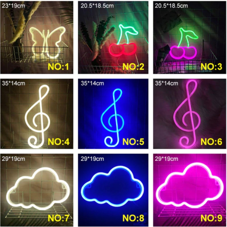 May include: A collection of neon signs in various shapes, including a butterfly, cherries, a treble clef, and clouds. Each sign has a different color, and the dimensions are provided in inches and centimeters.